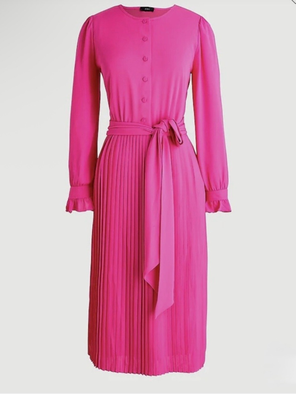 J. Crew Hot Pink Tie Waist Pleated Midi Dress Size 14 MSRP $199 - Picture 2 of 6